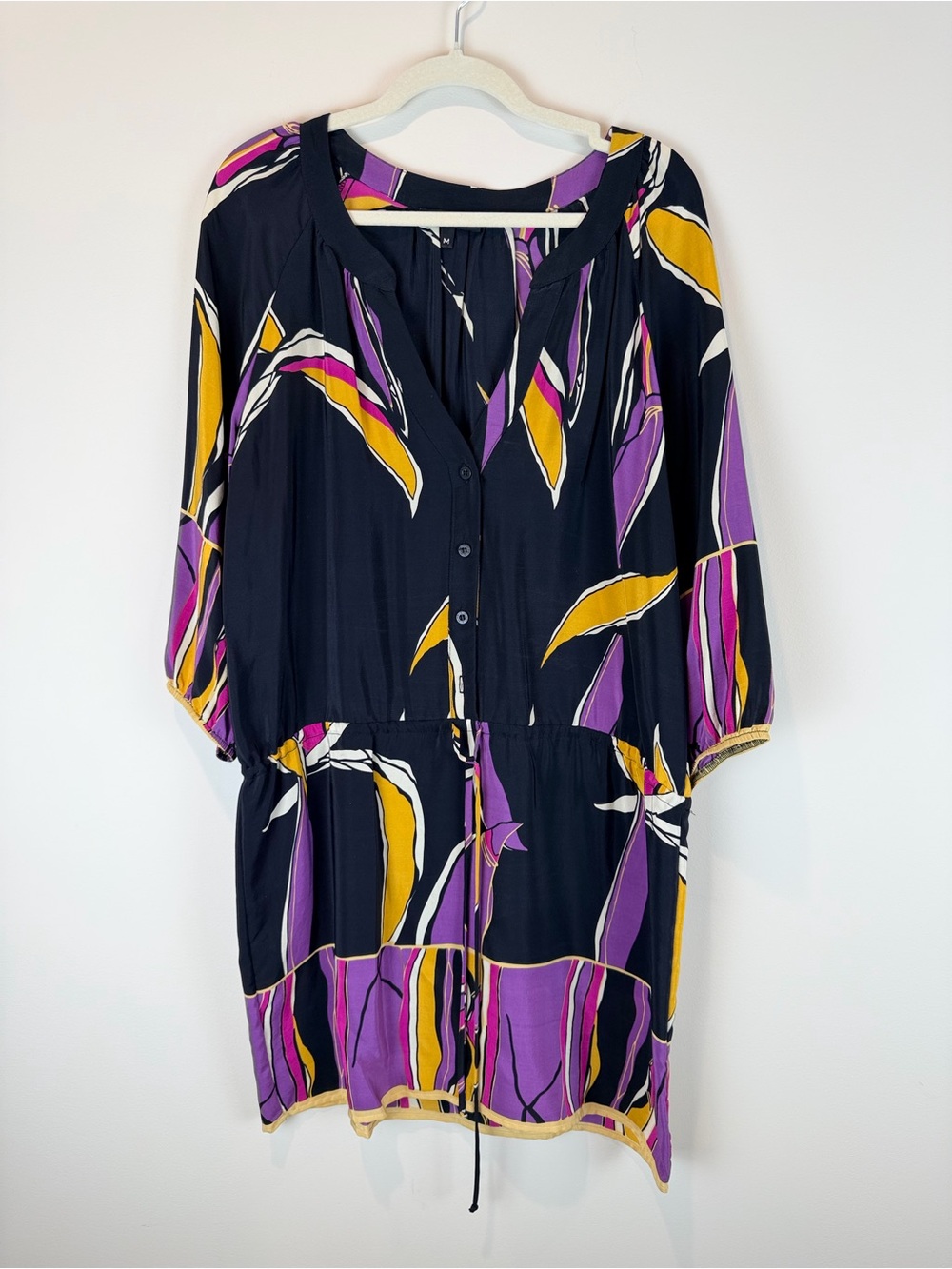 glam Black Floral-Print Midi Silk Dress with Purple & Yellow Accents Size Medium